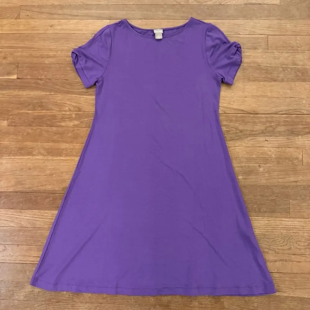 Chico's purple short sleeve jersey knee length crewneck a-line dress size 4 b22